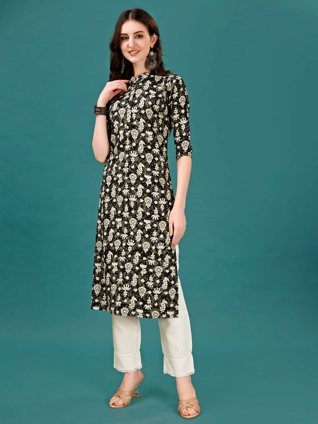 Ethnic Motifs Printed Front Buttoned Rayon Kurta, Multicolor - Hiral Fashion - Distacart