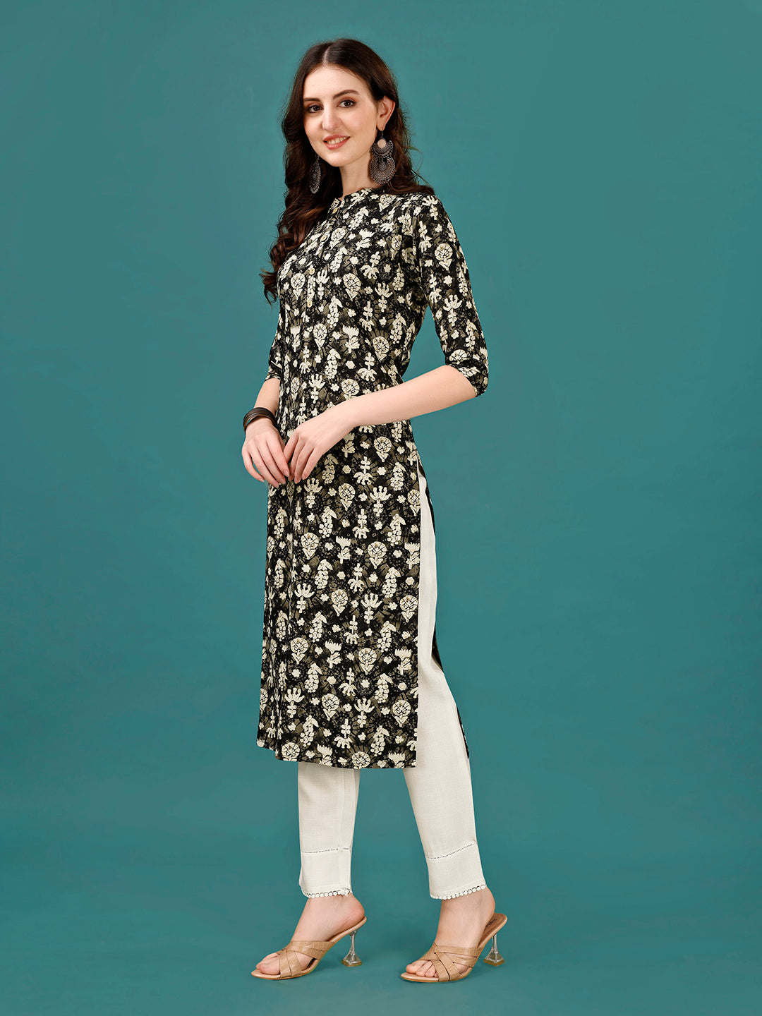 Ethnic Motifs Printed Front Buttoned Rayon Kurta, Multicolor - Hiral Fashion - Distacart