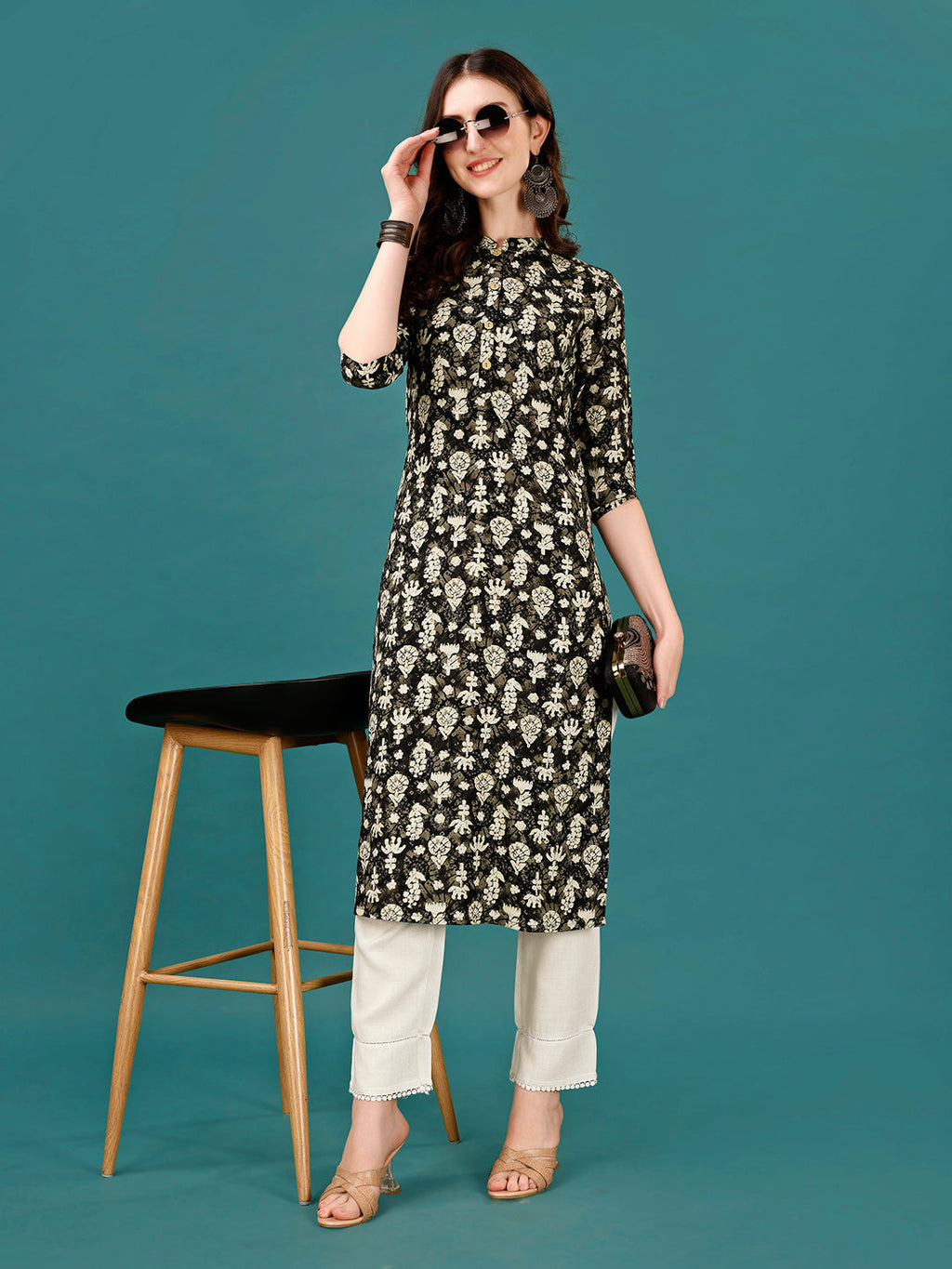 Ethnic Motifs Printed Front Buttoned Rayon Kurta, Multicolor - Hiral Fashion - Distacart
