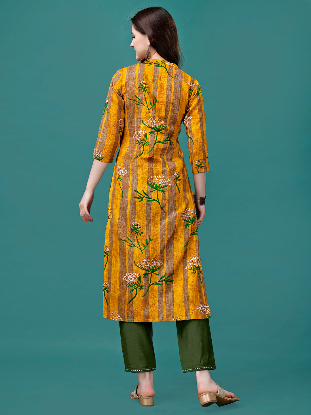 Botanical & Stripes Printed Front Buttoned Cotton Kurta, Multicolor - Hiral Fashion - Distacart