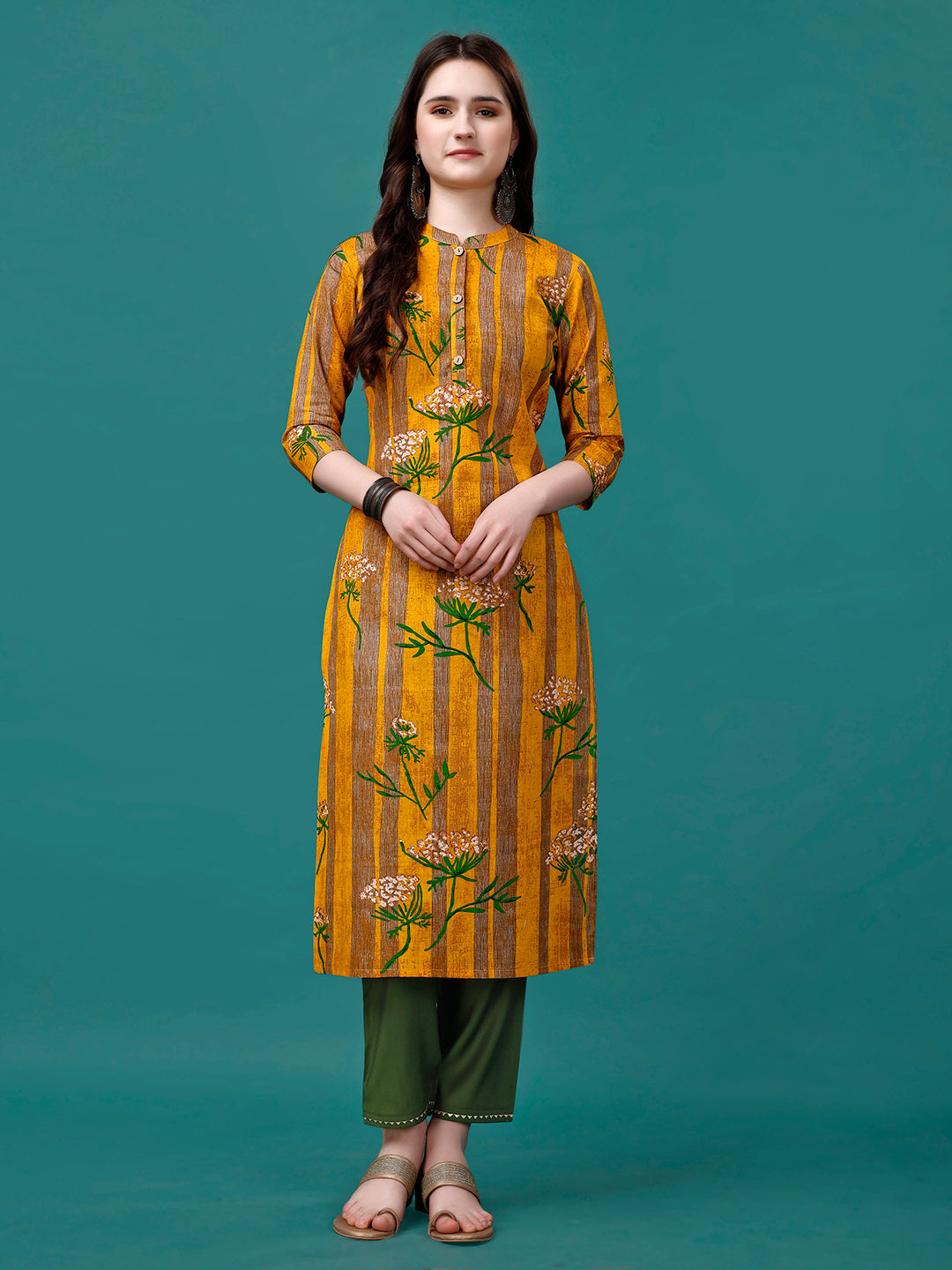 Botanical & Stripes Printed Front Buttoned Cotton Kurta, Multicolor - Hiral Fashion - Distacart