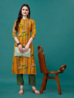 Botanical & Stripes Printed Front Buttoned Cotton Kurta, Multicolor - Hiral Fashion - Distacart