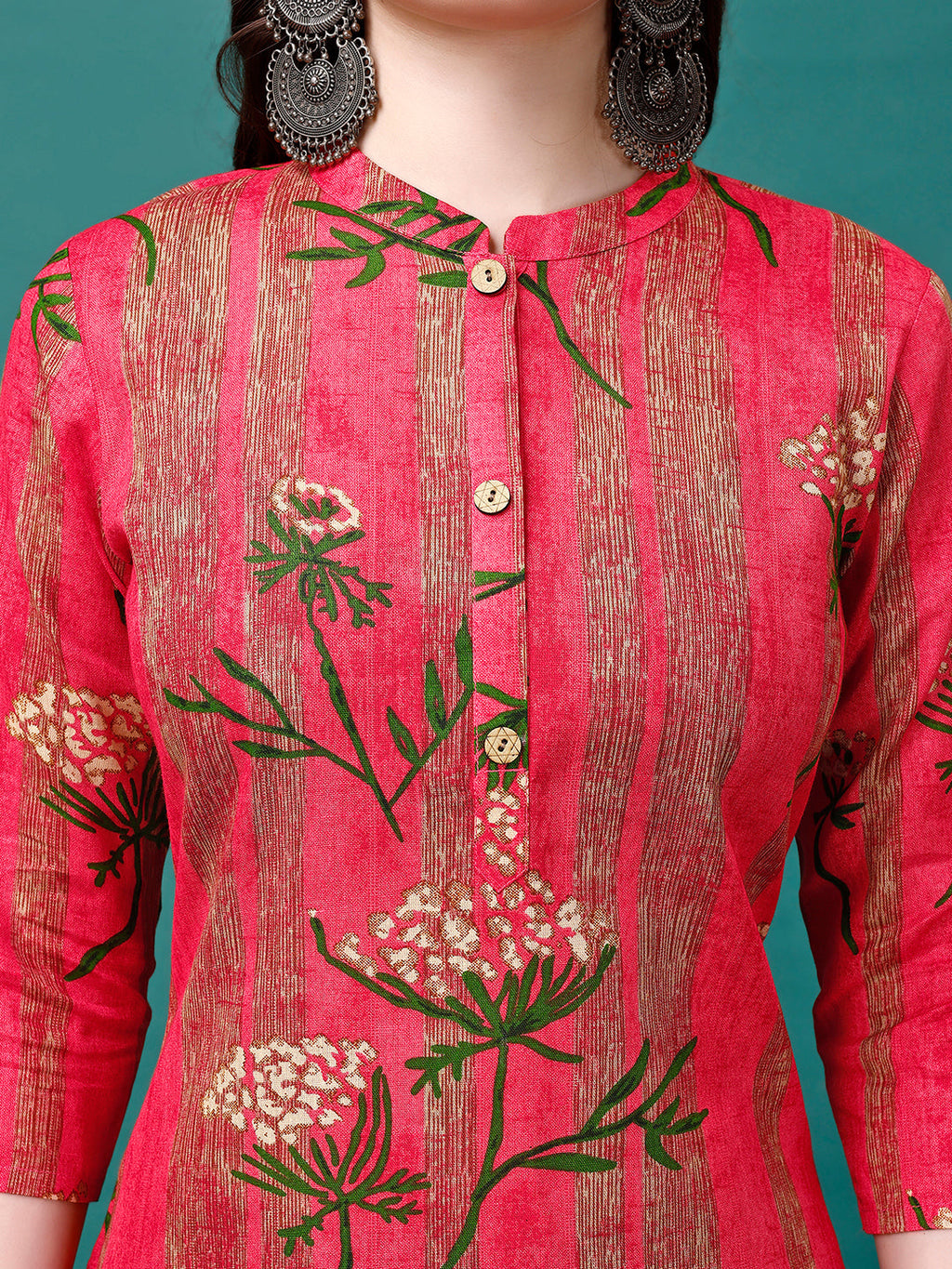 Botanical & Stripes Printed Front Buttoned Cotton Kurta, Multicolor - Hiral Fashion