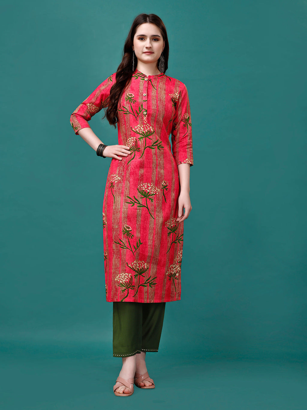 Botanical & Stripes Printed Front Buttoned Cotton Kurta, Multicolor - Hiral Fashion