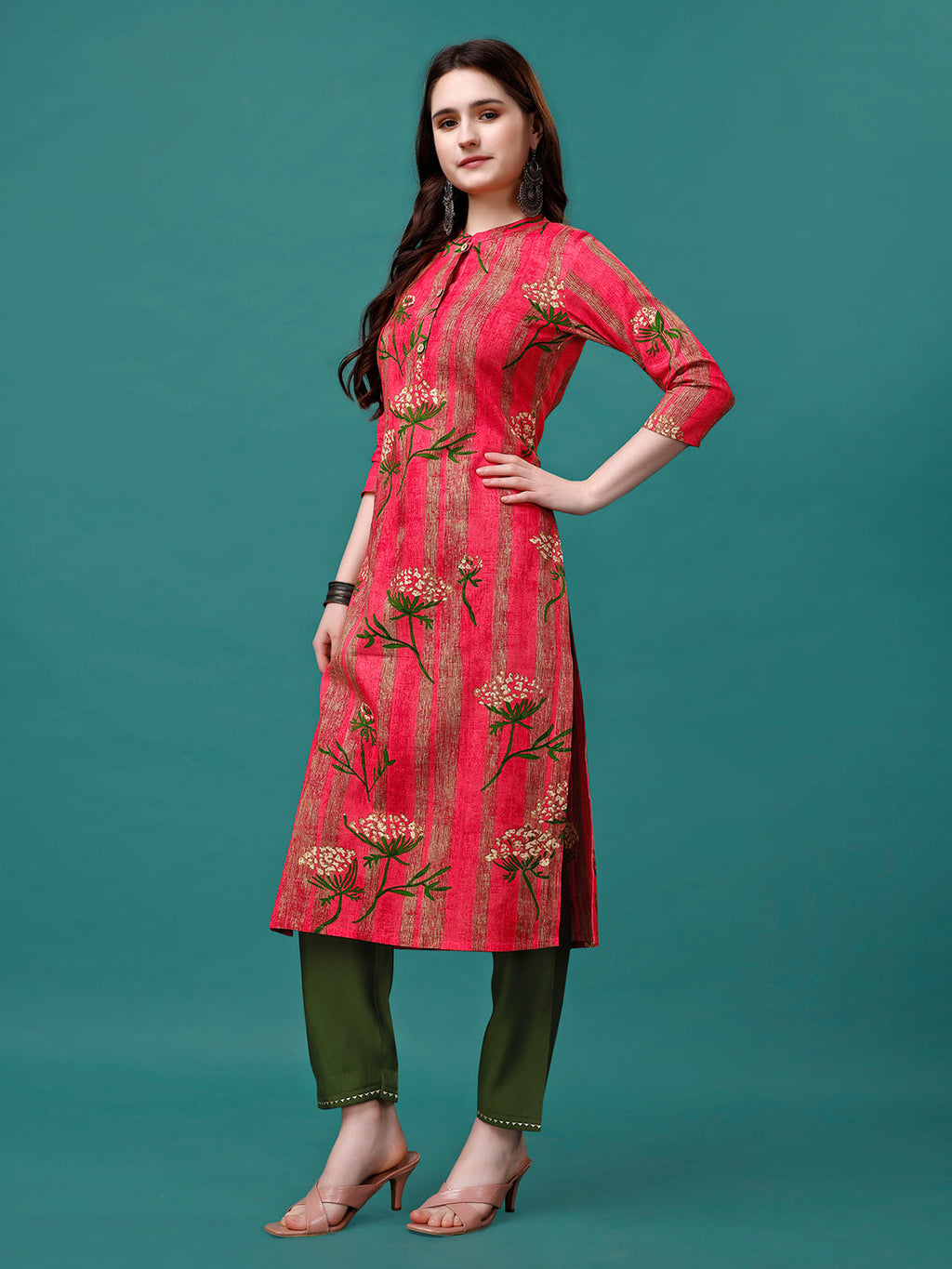 Botanical & Stripes Printed Front Buttoned Cotton Kurta, Multicolor - Hiral Fashion