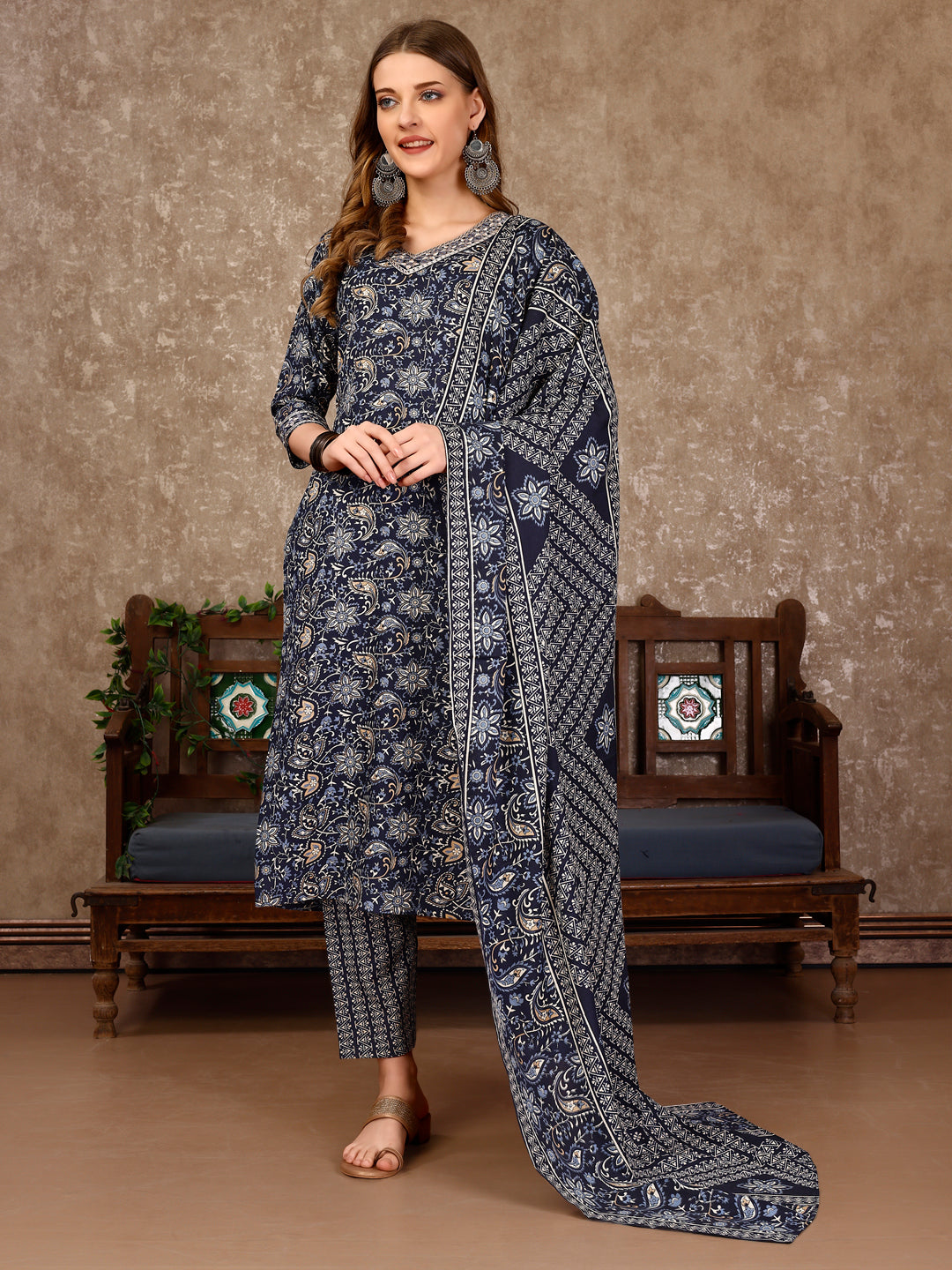Embroidered & Printed Casual Wear Kurta With Printed Pant & Dupatta, Multicolor - Hiral Fashion - Distacart