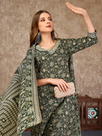 Embroidered & Printed Casual Wear Kurta With Printed Pant & Dupatta, Multicolor - Hiral Fashion - Distacart