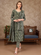 Embroidered & Printed Casual Wear Kurta With Printed Pant & Dupatta, Multicolor - Hiral Fashion - Distacart
