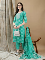 Embroidered & Printed Kurta With Pant & Dupatta, Blue - Hiral Fashion