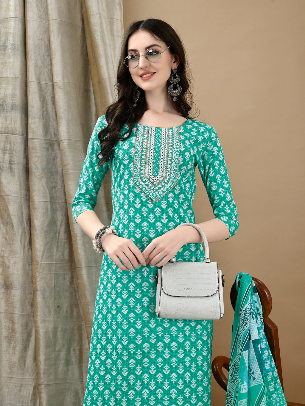 Embroidered & Printed Kurta With Pant & Dupatta, Blue - Hiral Fashion