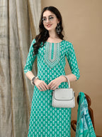 Embroidered & Printed Kurta With Pant & Dupatta, Blue - Hiral Fashion
