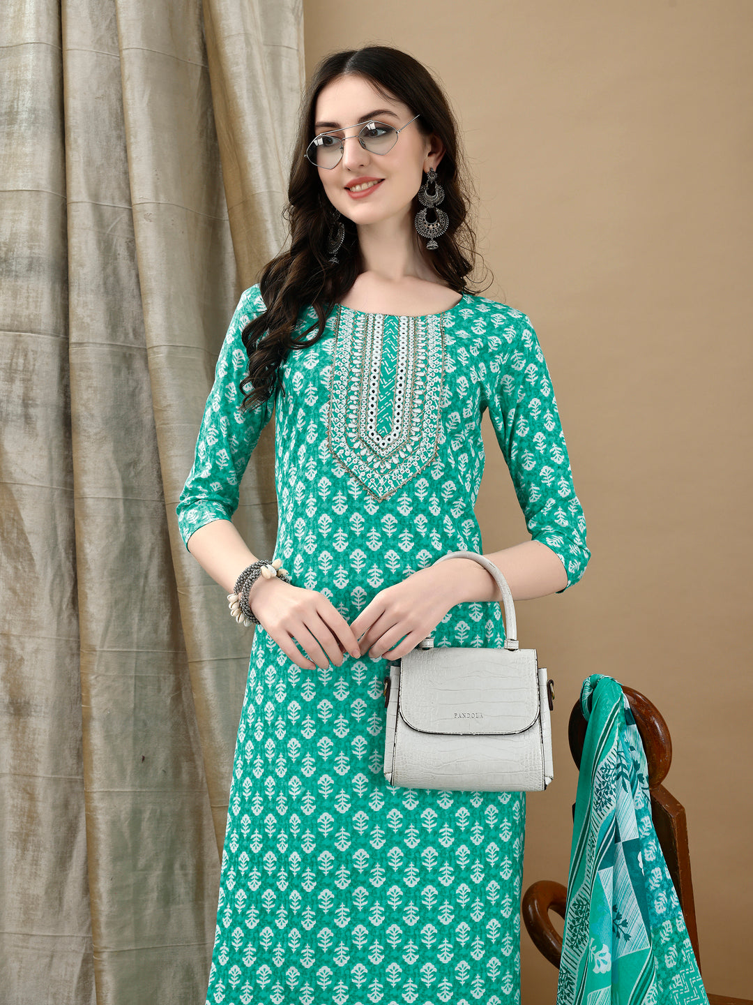 Embroidered & Printed Kurta With Pant & Dupatta, Blue - Hiral Fashion