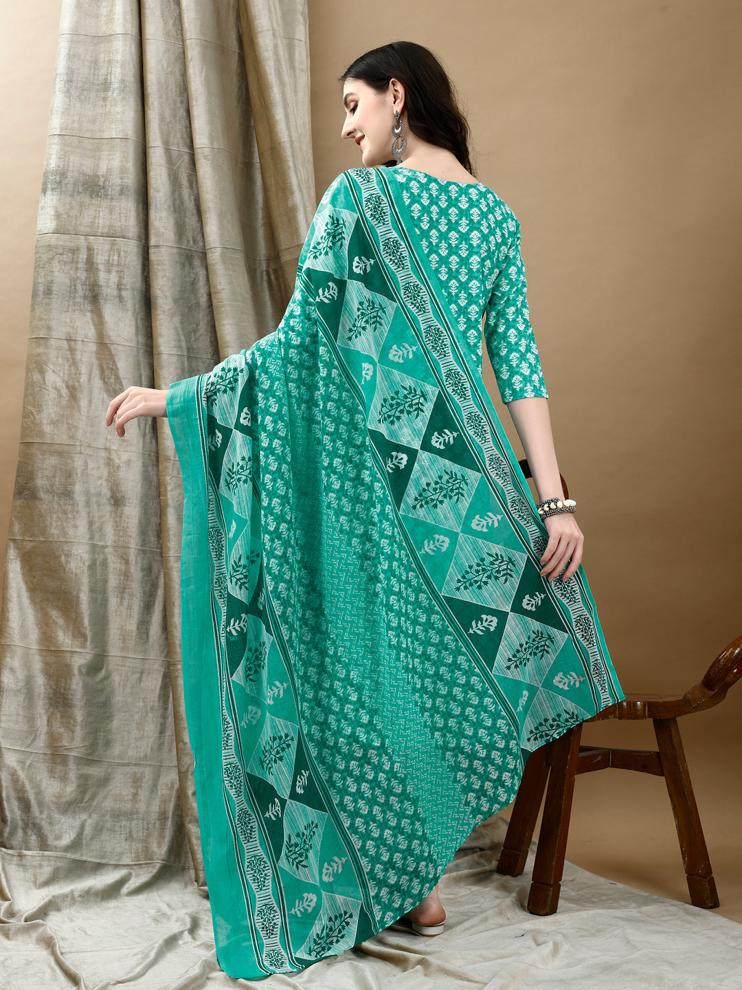 Embroidered & Printed Kurta With Pant & Dupatta, Blue - Hiral Fashion