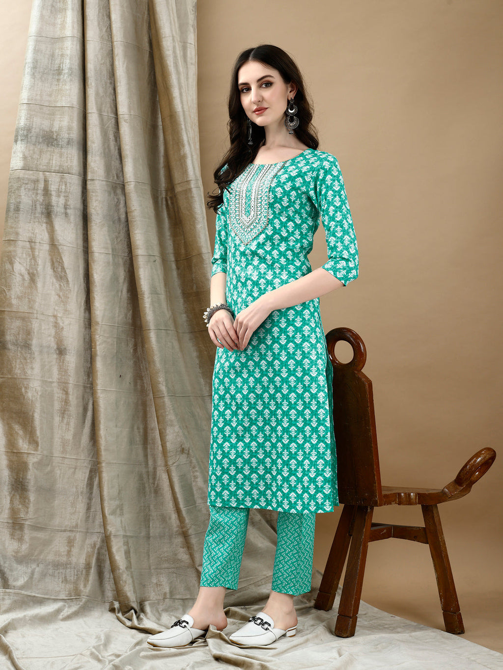 Embroidered & Printed Kurta With Pant & Dupatta, Blue - Hiral Fashion