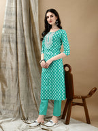 Embroidered & Printed Kurta With Pant & Dupatta, Blue - Hiral Fashion