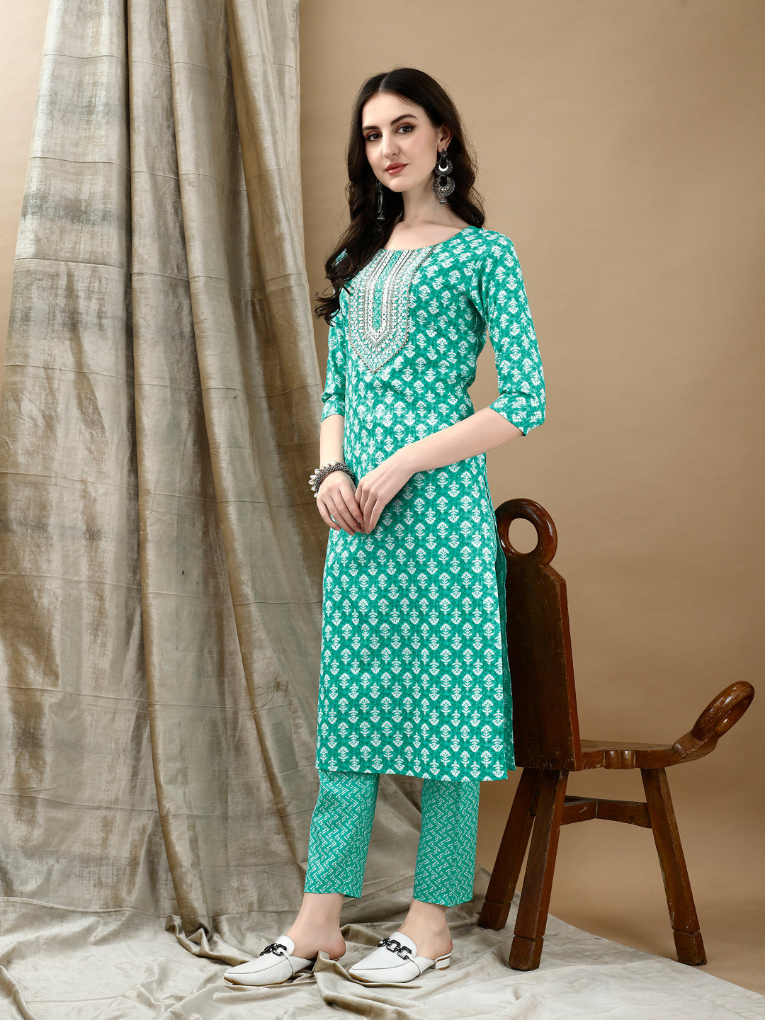 Embroidered & Printed Kurta With Pant & Dupatta, Blue - Hiral Fashion