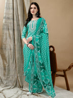 Embroidered & Printed Kurta With Pant & Dupatta, Blue - Hiral Fashion