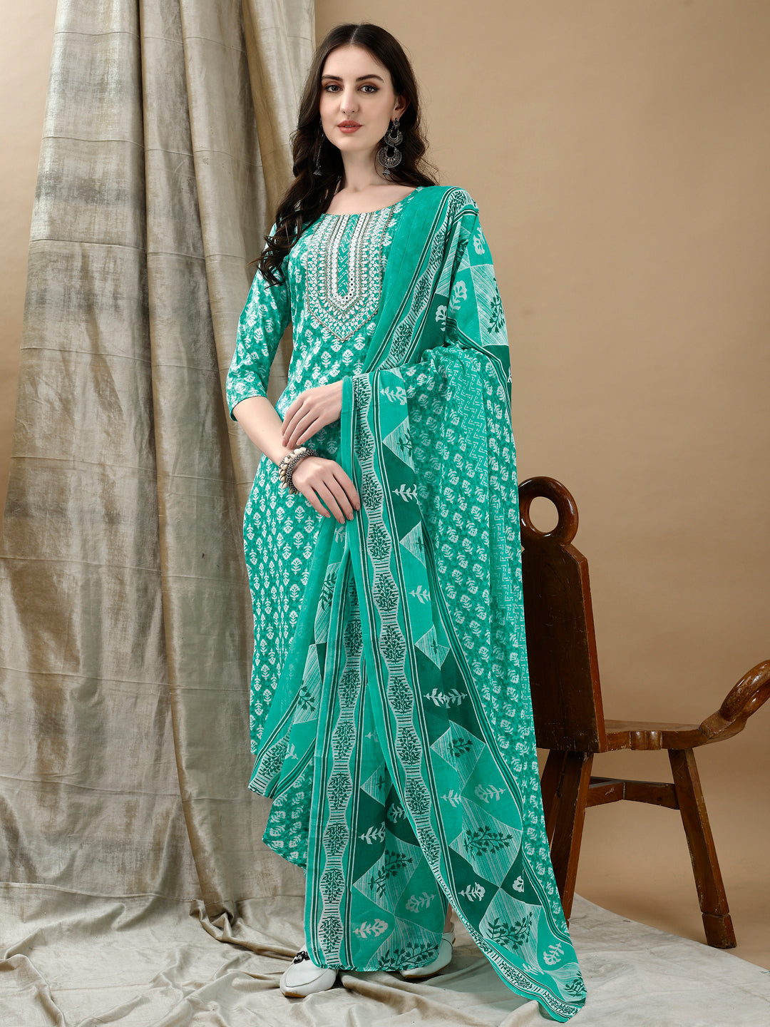 Embroidered & Printed Kurta With Pant & Dupatta, Blue - Hiral Fashion