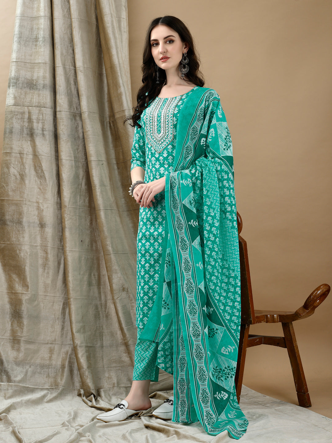 Embroidered & Printed Kurta With Pant & Dupatta, Blue - Hiral Fashion