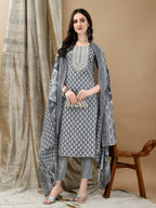 Embroidered & Printed Kurta With Pant & Dupatta, Grey - Hiral Fashion