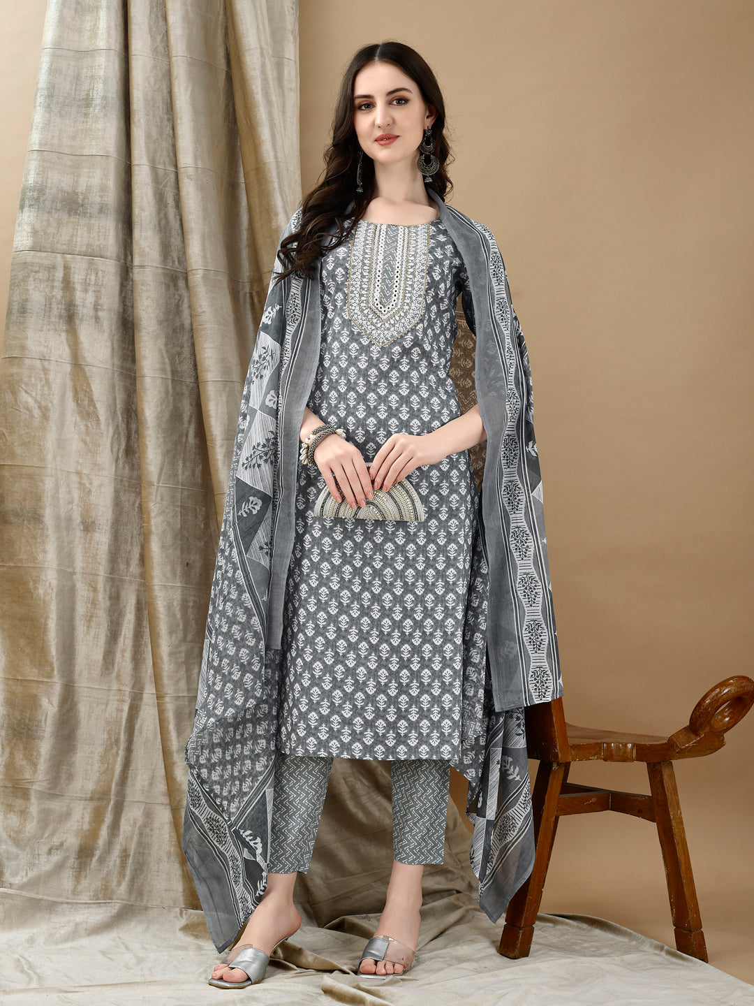 Embroidered & Printed Kurta With Pant & Dupatta, Grey - Hiral Fashion