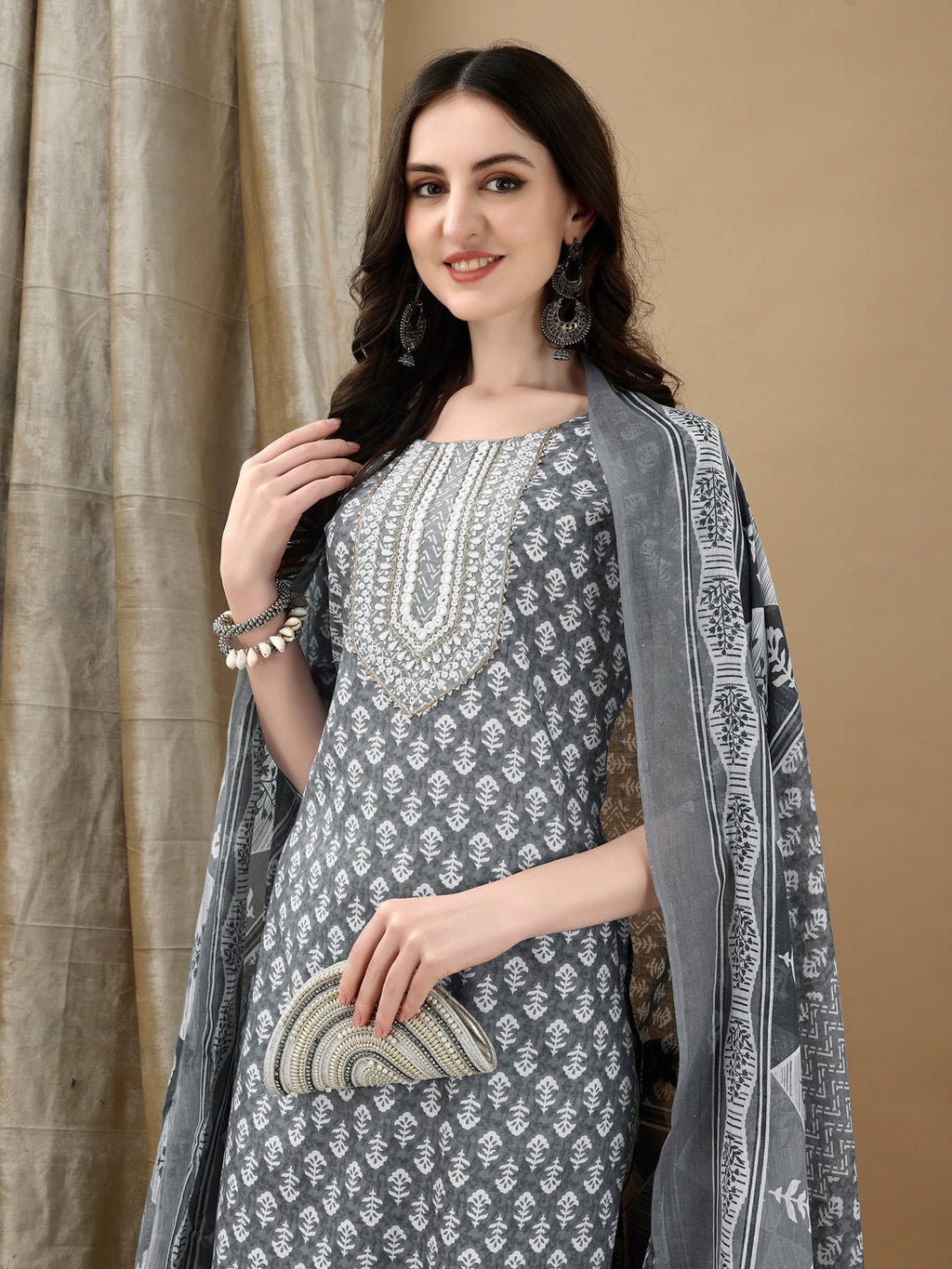 Embroidered & Printed Kurta With Pant & Dupatta, Grey - Hiral Fashion