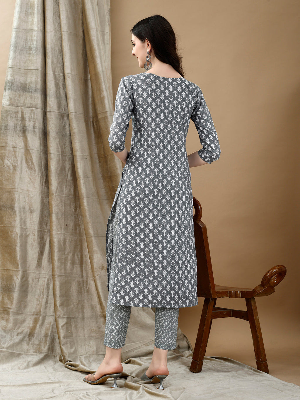 Embroidered & Printed Kurta With Pant & Dupatta, Grey - Hiral Fashion