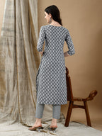Embroidered & Printed Kurta With Pant & Dupatta, Grey - Hiral Fashion