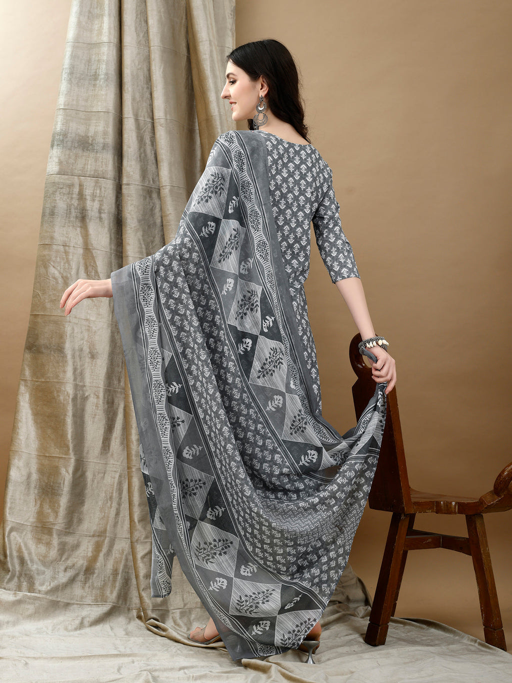 Embroidered & Printed Kurta With Pant & Dupatta, Grey - Hiral Fashion