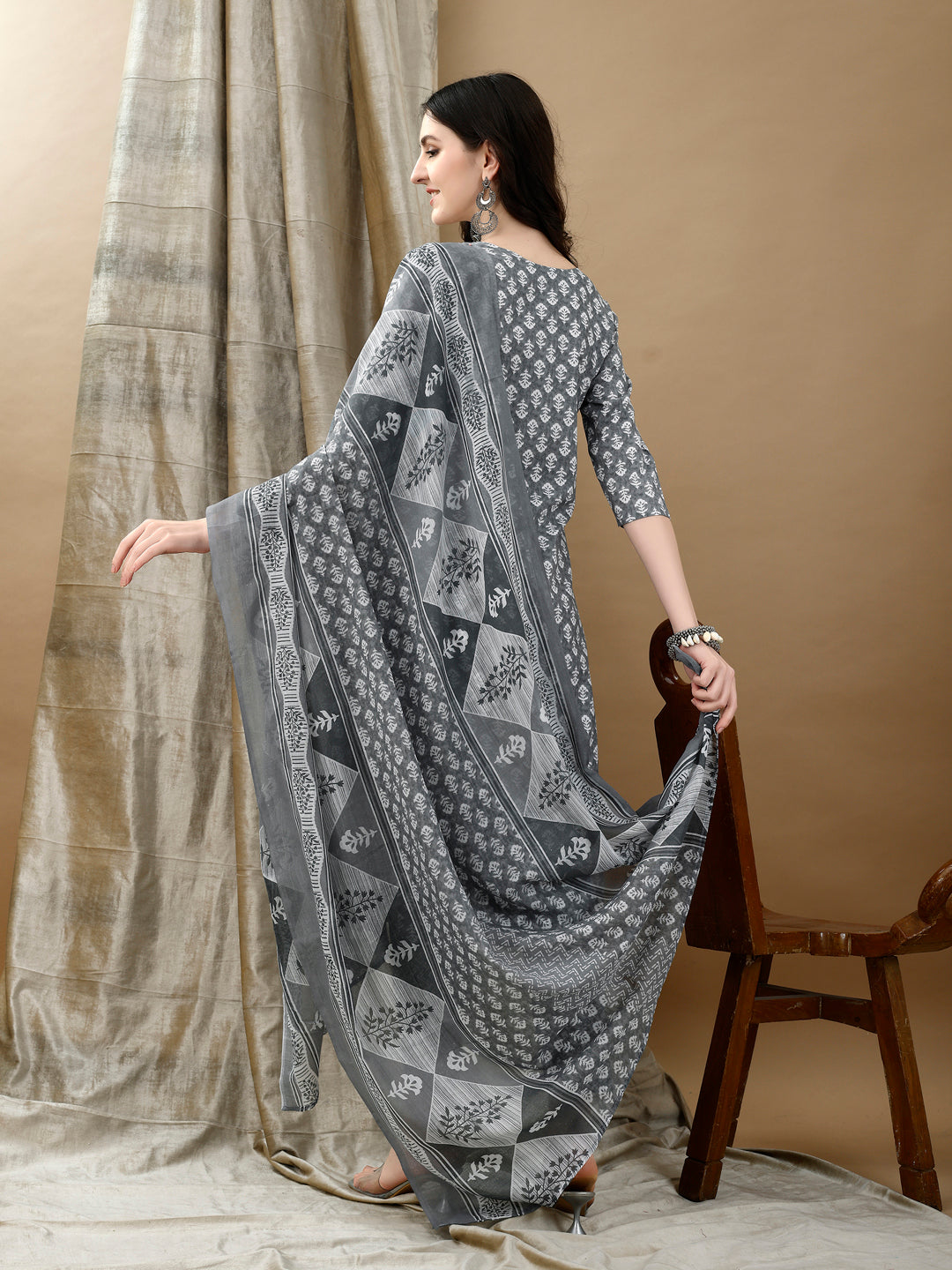 Embroidered & Printed Kurta With Pant & Dupatta, Grey - Hiral Fashion