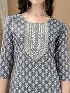 Embroidered & Printed Kurta With Pant & Dupatta, Grey - Hiral Fashion