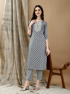 Embroidered & Printed Kurta With Pant & Dupatta, Grey - Hiral Fashion