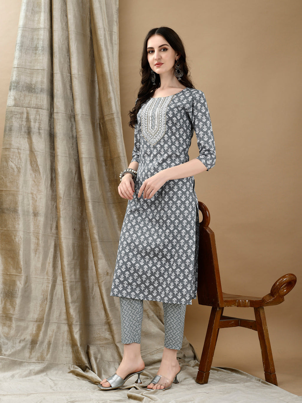 Embroidered & Printed Kurta With Pant & Dupatta, Grey - Hiral Fashion