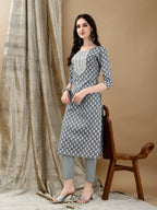 Embroidered & Printed Kurta With Pant & Dupatta, Grey - Hiral Fashion