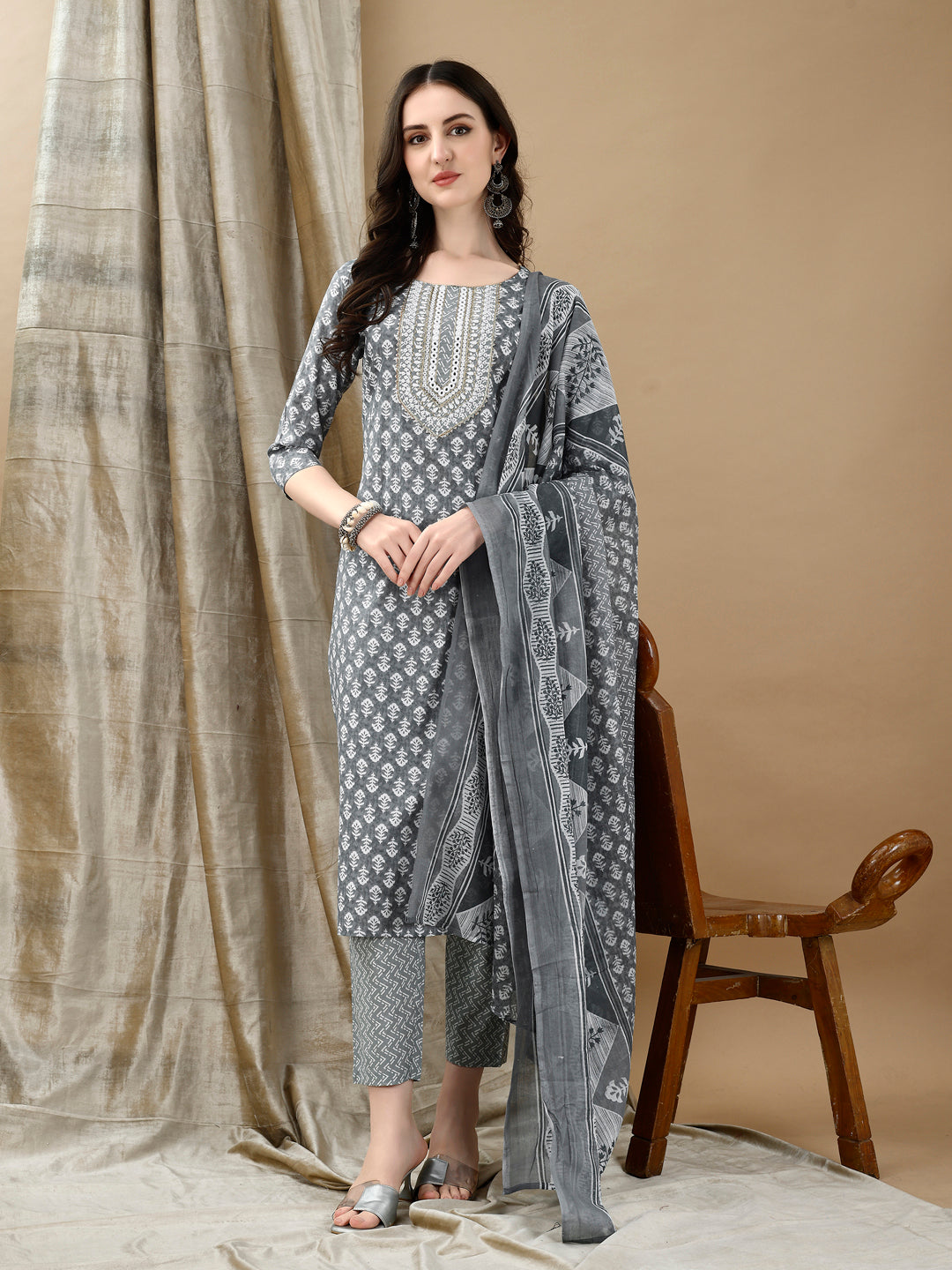 Embroidered & Printed Kurta With Pant & Dupatta, Grey - Hiral Fashion