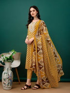 Embroidered & Printed Kurta With Pant & Dupatta, Mustard - Hiral Fashion - Distacart