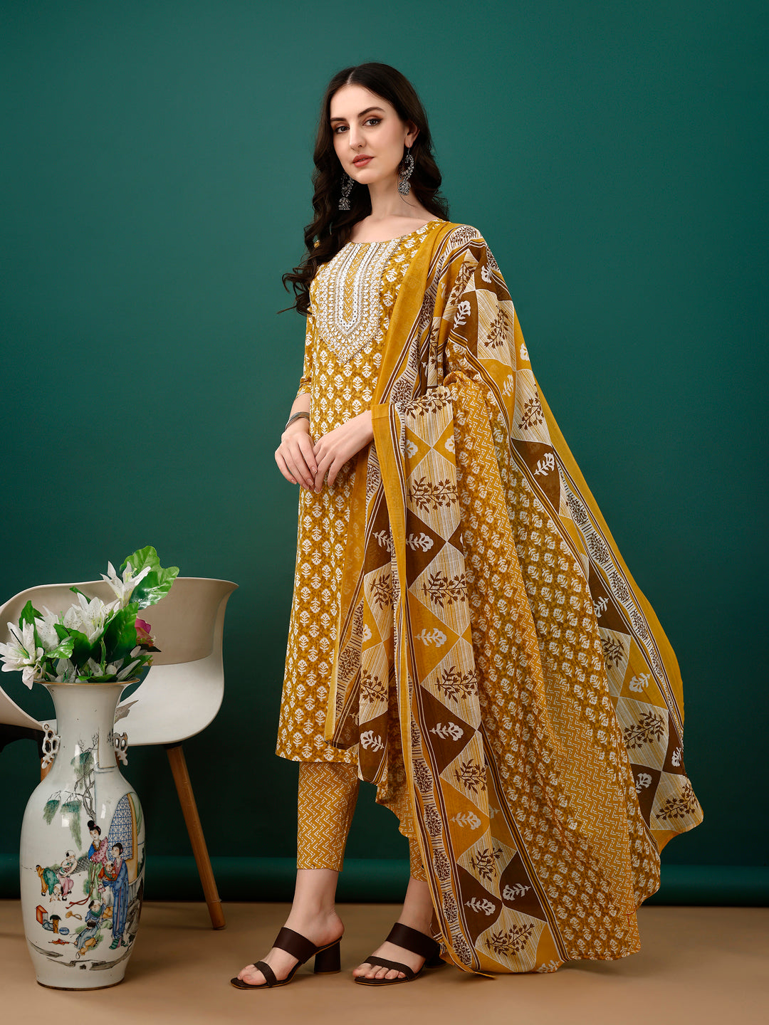 Embroidered & Printed Kurta With Pant & Dupatta, Mustard - Hiral Fashion - Distacart