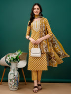 Embroidered & Printed Kurta With Pant & Dupatta, Mustard - Hiral Fashion - Distacart