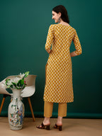Embroidered & Printed Kurta With Pant & Dupatta, Mustard - Hiral Fashion - Distacart