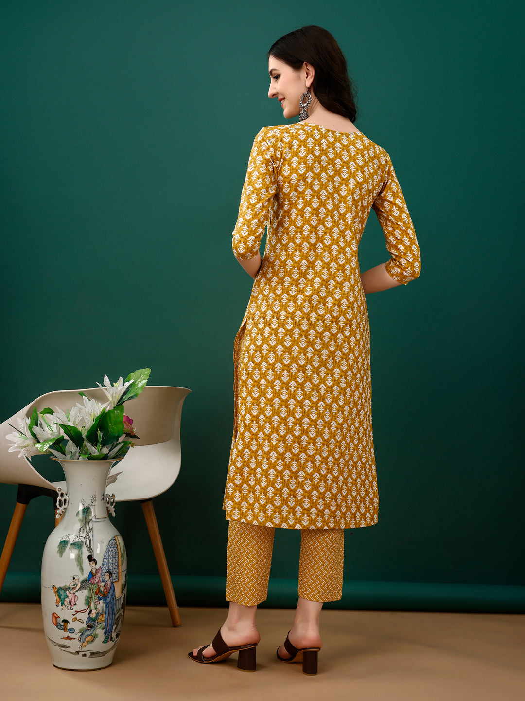 Embroidered & Printed Kurta With Pant & Dupatta, Mustard - Hiral Fashion - Distacart