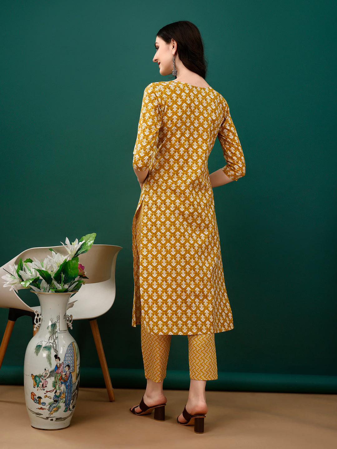 Embroidered & Printed Kurta With Pant & Dupatta, Mustard - Hiral Fashion - Distacart