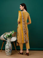 Embroidered & Printed Kurta With Pant & Dupatta, Mustard - Hiral Fashion - Distacart