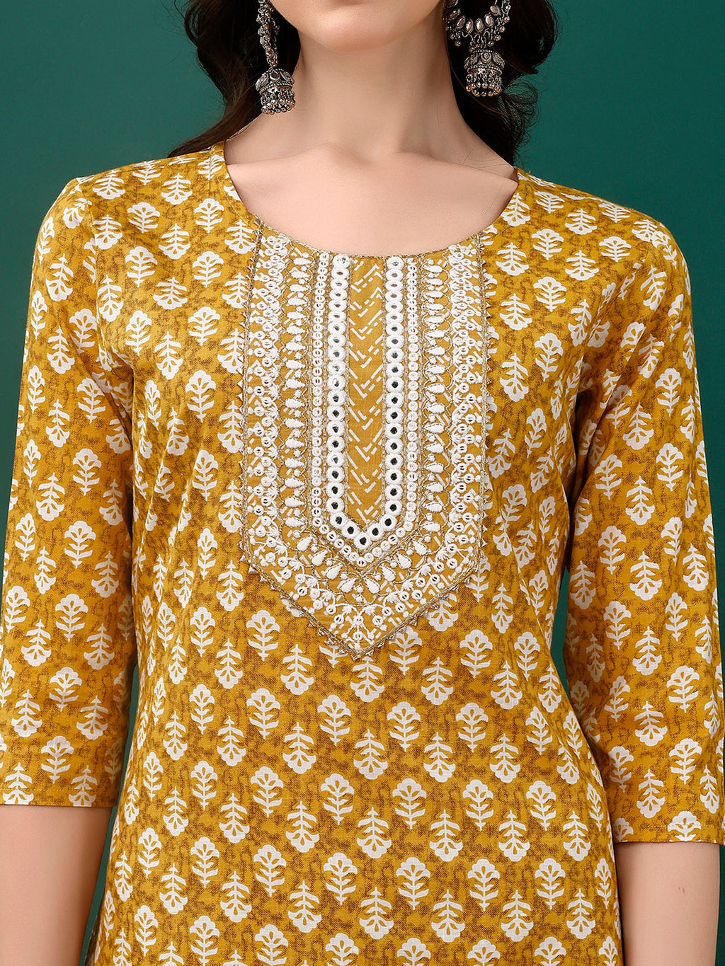 Embroidered & Printed Kurta With Pant & Dupatta, Mustard - Hiral Fashion - Distacart