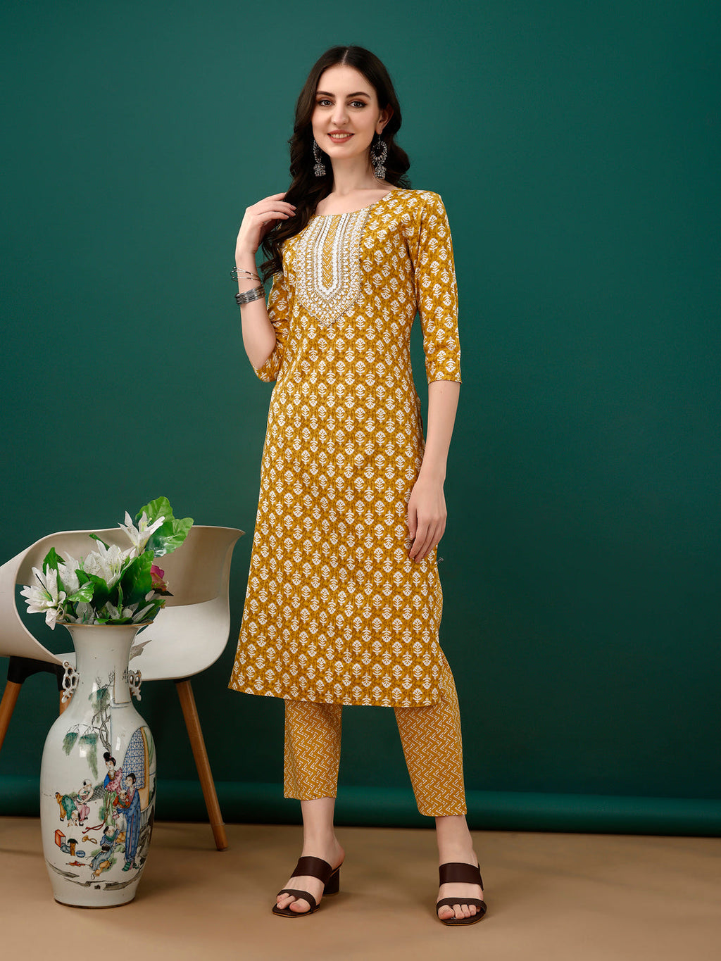 Embroidered & Printed Kurta With Pant & Dupatta, Mustard - Hiral Fashion - Distacart