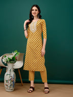 Embroidered & Printed Kurta With Pant & Dupatta, Mustard - Hiral Fashion - Distacart