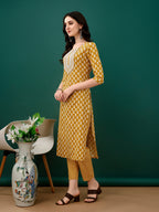 Embroidered & Printed Kurta With Pant & Dupatta, Mustard - Hiral Fashion - Distacart