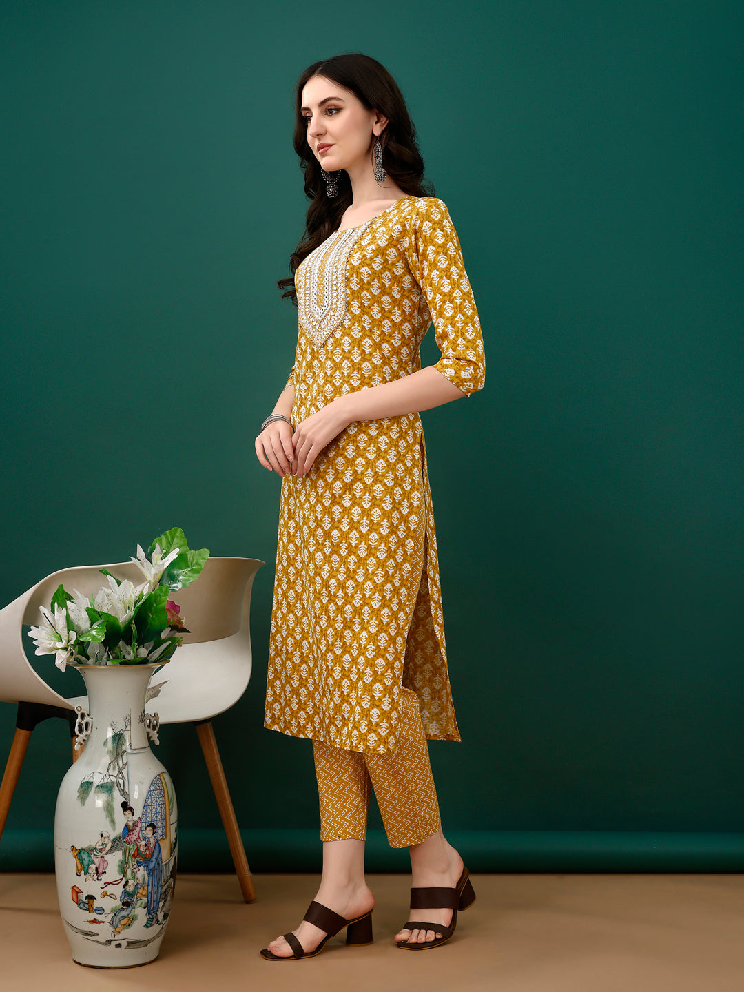 Embroidered & Printed Kurta With Pant & Dupatta, Mustard - Hiral Fashion - Distacart