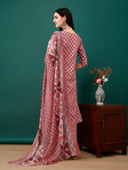 Embroidered & Printed Kurta With Pant & Dupatta, Pink - Hiral Fashion