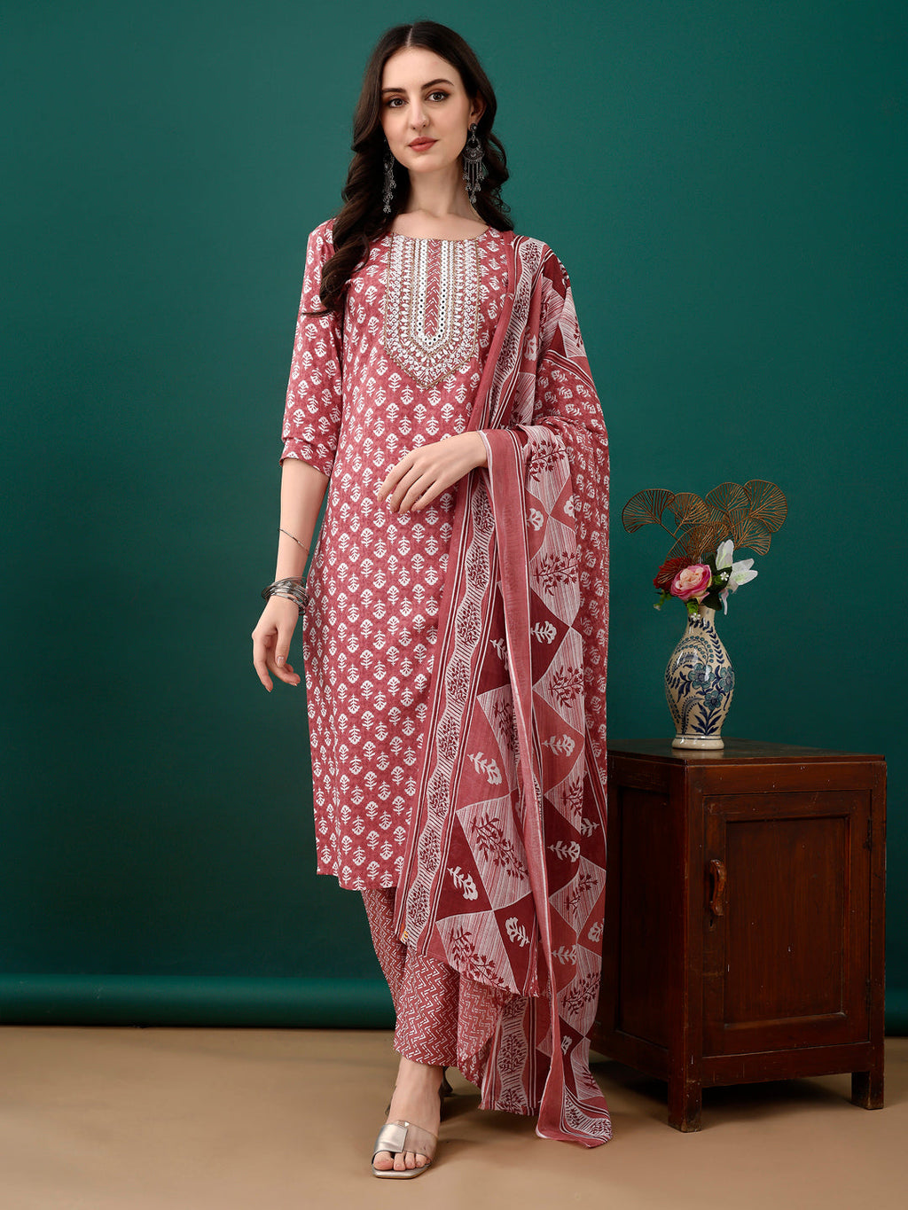 Embroidered & Printed Kurta With Pant & Dupatta, Pink - Hiral Fashion