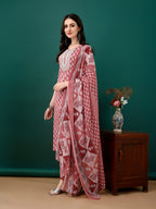 Embroidered & Printed Kurta With Pant & Dupatta, Pink - Hiral Fashion